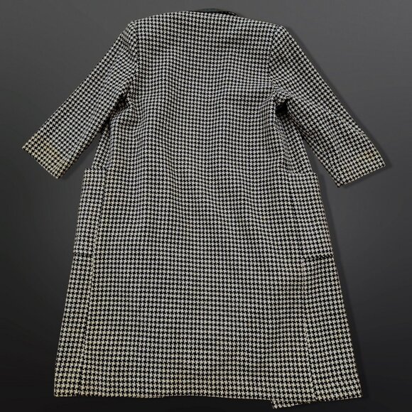 Vintage 80s Long Houndstooth Coat Womens Size M Black Beige Leather Collar - Picture 9 of 11